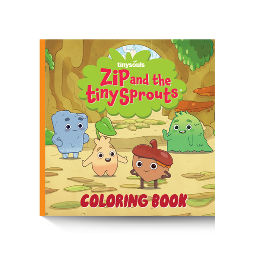 Coloring book cover titled 'Zip and the Tiny Sprouts' with cartoon characters on a white background