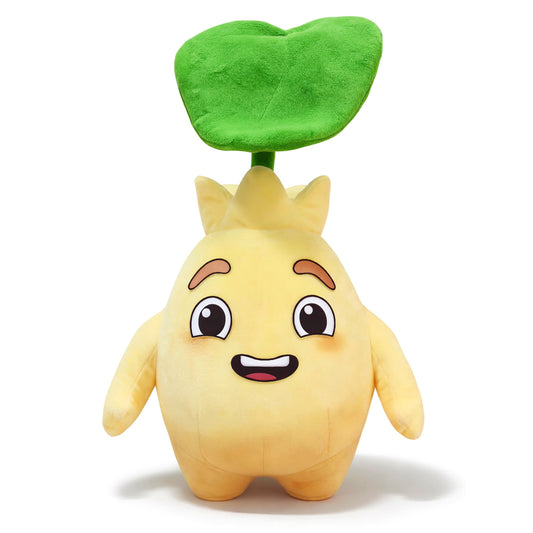 Plush toy of a green leaf sprouting out of a  seed on a white background