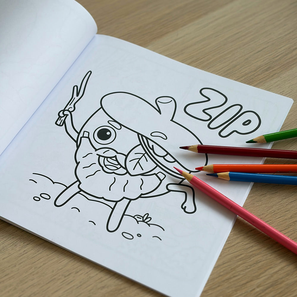 Coloring book page of Zip dressed as a pirate, and coloring pencils lying on a wooden table