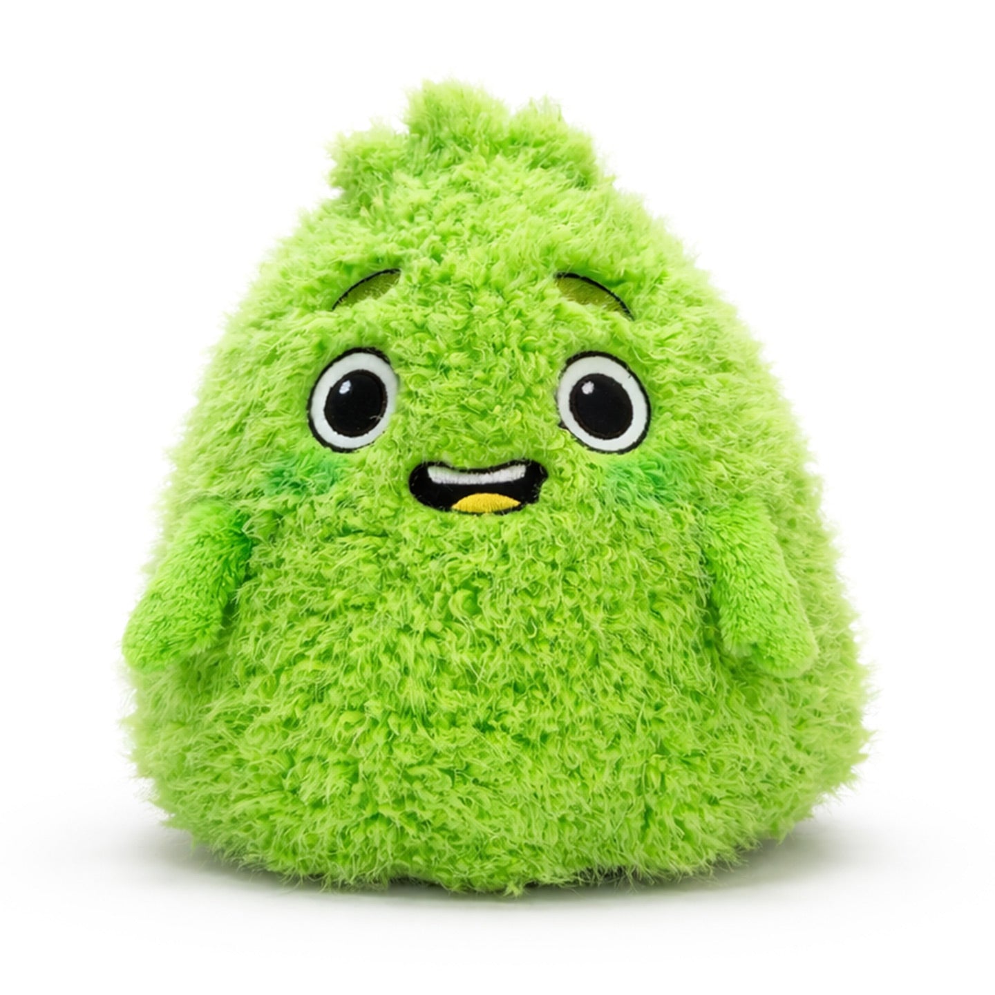 Green Hum character plush toy with a smiling face on a white background