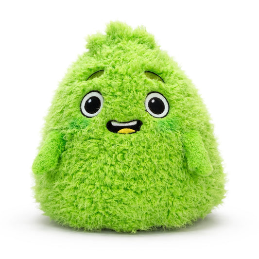 Green Hum character plush toy with a smiling face on a white background
