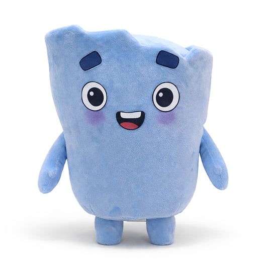 Blue rock plush toy with a happy expression on a white background